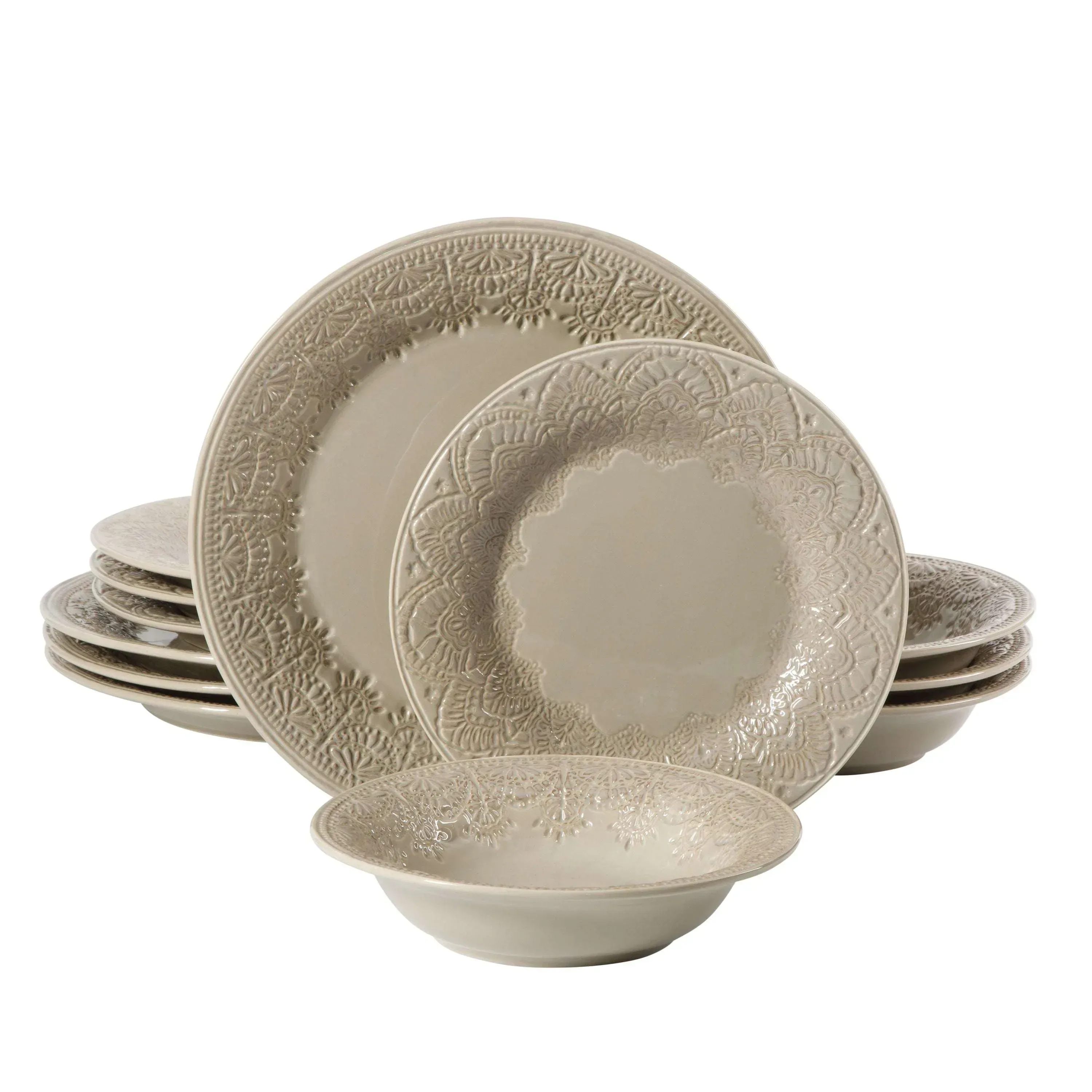 The Pioneer Woman Vintage Lace 12-Piece Ceramic Dinnerware Set, Caramel - Image 13