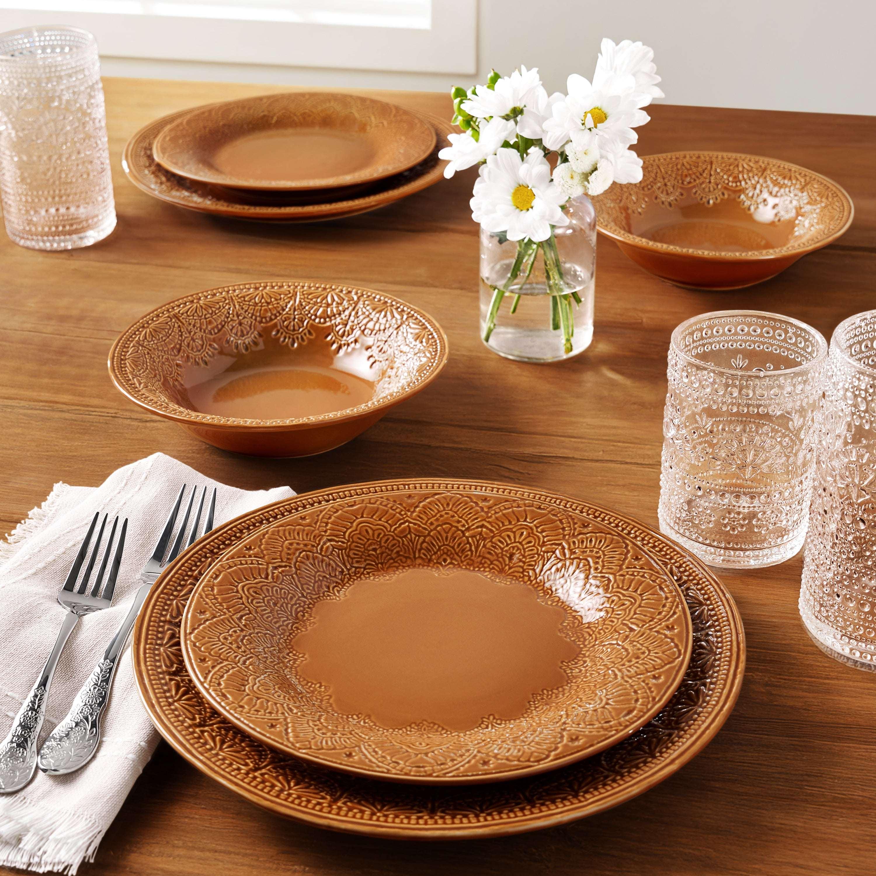 The Pioneer Woman Vintage Lace 12-Piece Ceramic Dinnerware Set, Caramel - Image 2