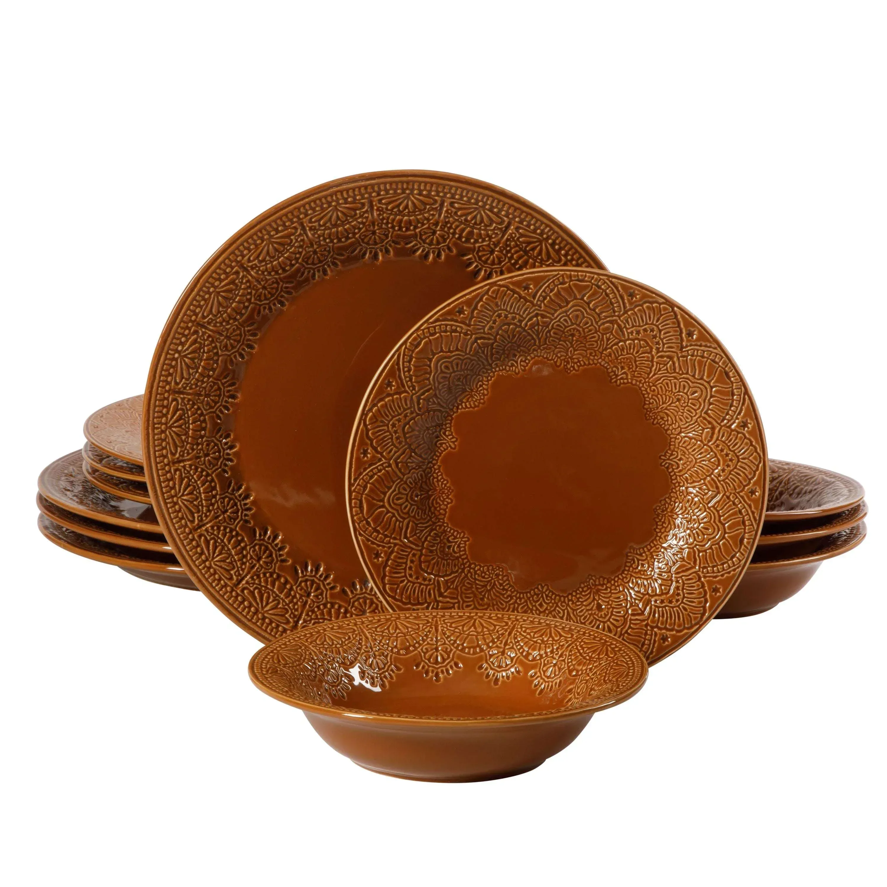 The Pioneer Woman Vintage Lace 12-Piece Ceramic Dinnerware Set, Caramel - Image 3
