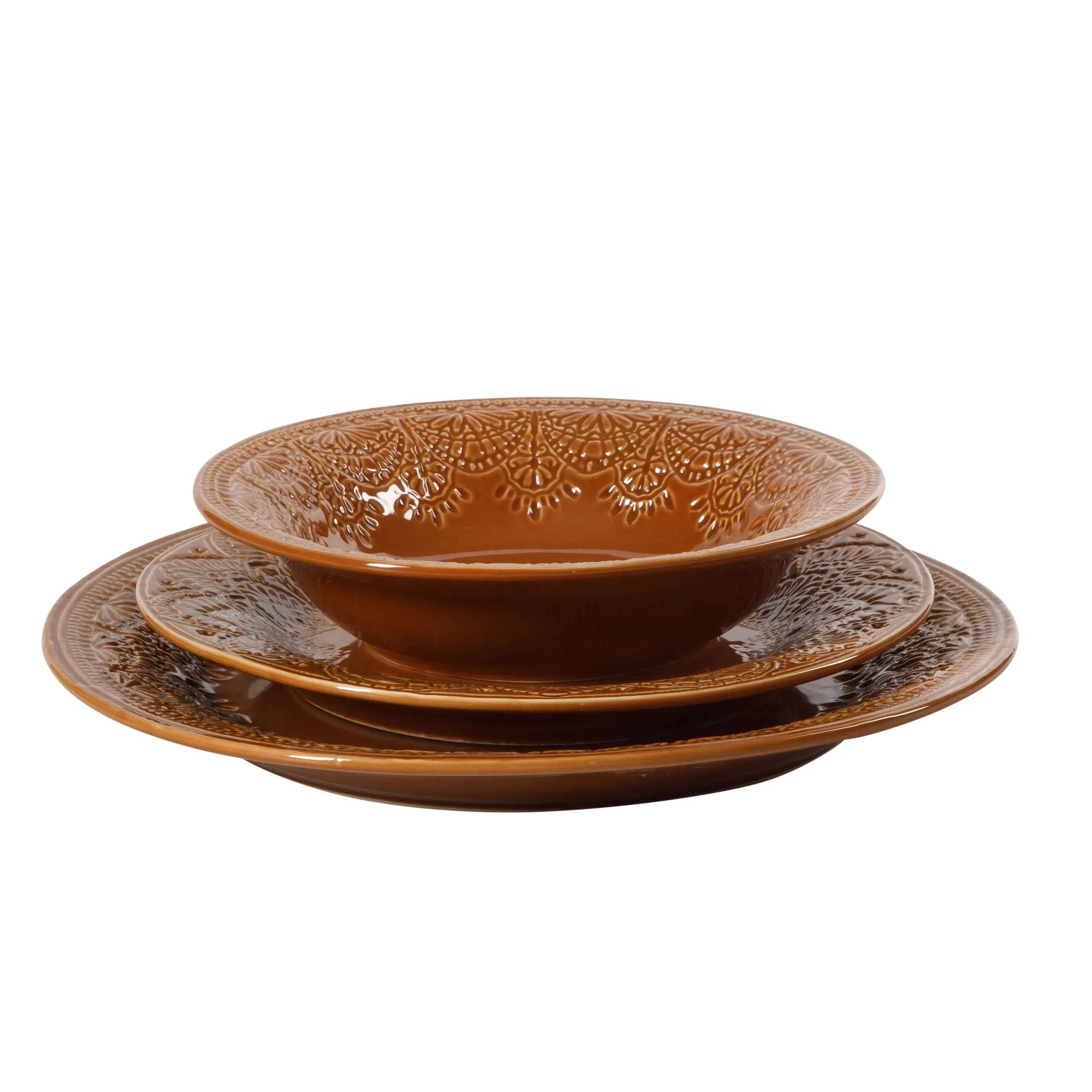 The Pioneer Woman Vintage Lace 12-Piece Ceramic Dinnerware Set, Caramel - Image 4