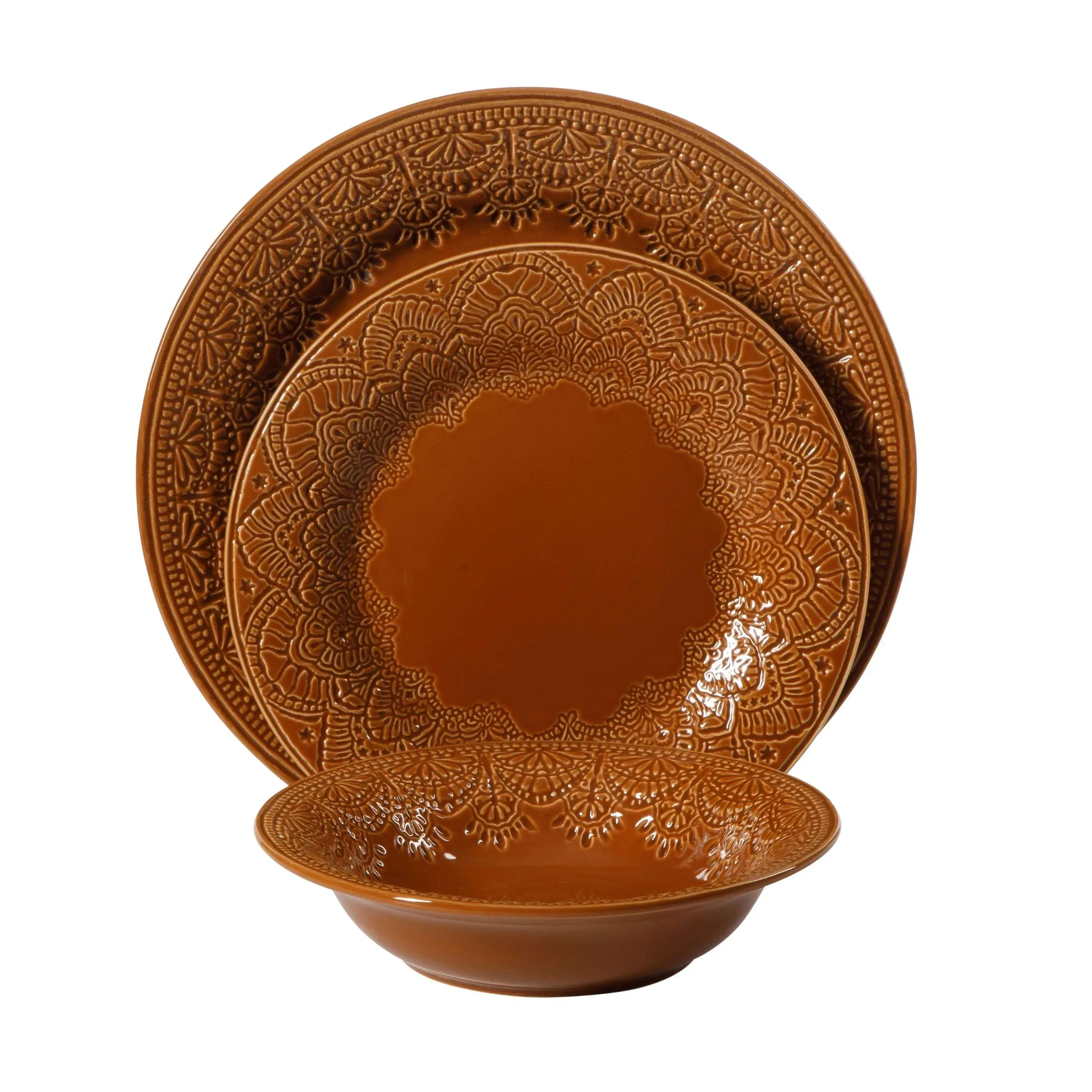 The Pioneer Woman Vintage Lace 12-Piece Ceramic Dinnerware Set, Caramel - Image 5