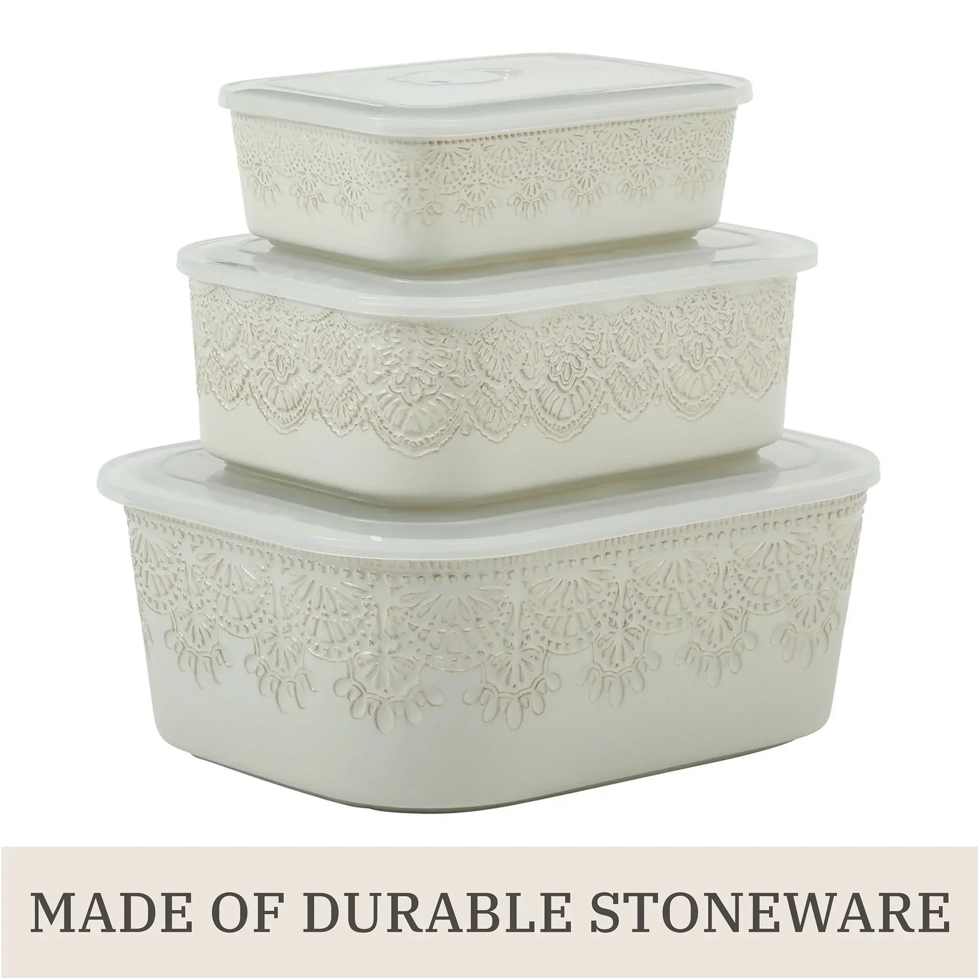 The Pioneer Woman Vintage Lace 6-Piece Nesting Casserole Baking Dish Bakeware Set with Lids, Linen - Image 2