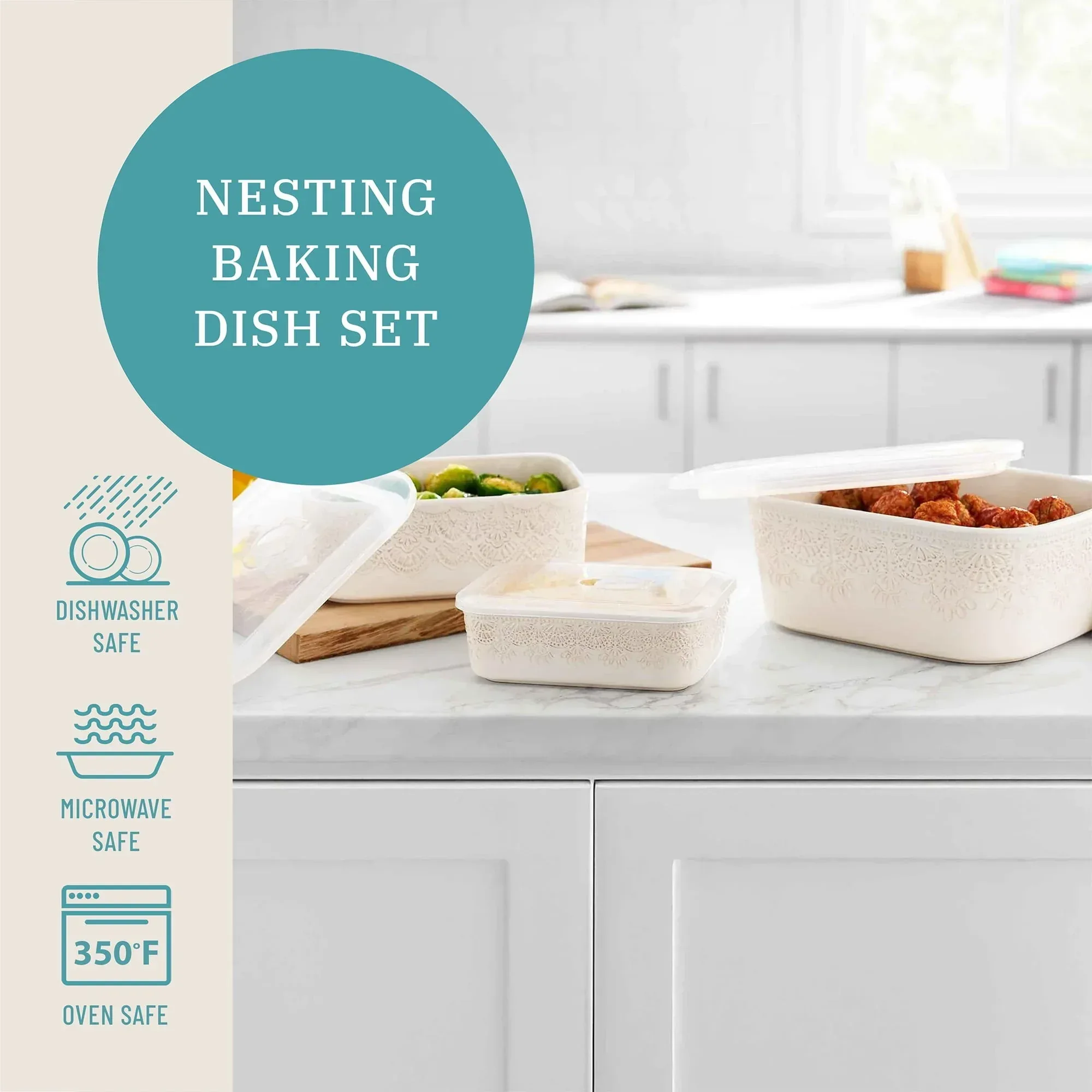 The Pioneer Woman Vintage Lace 6-Piece Nesting Casserole Baking Dish Bakeware Set with Lids, Linen - Image 3