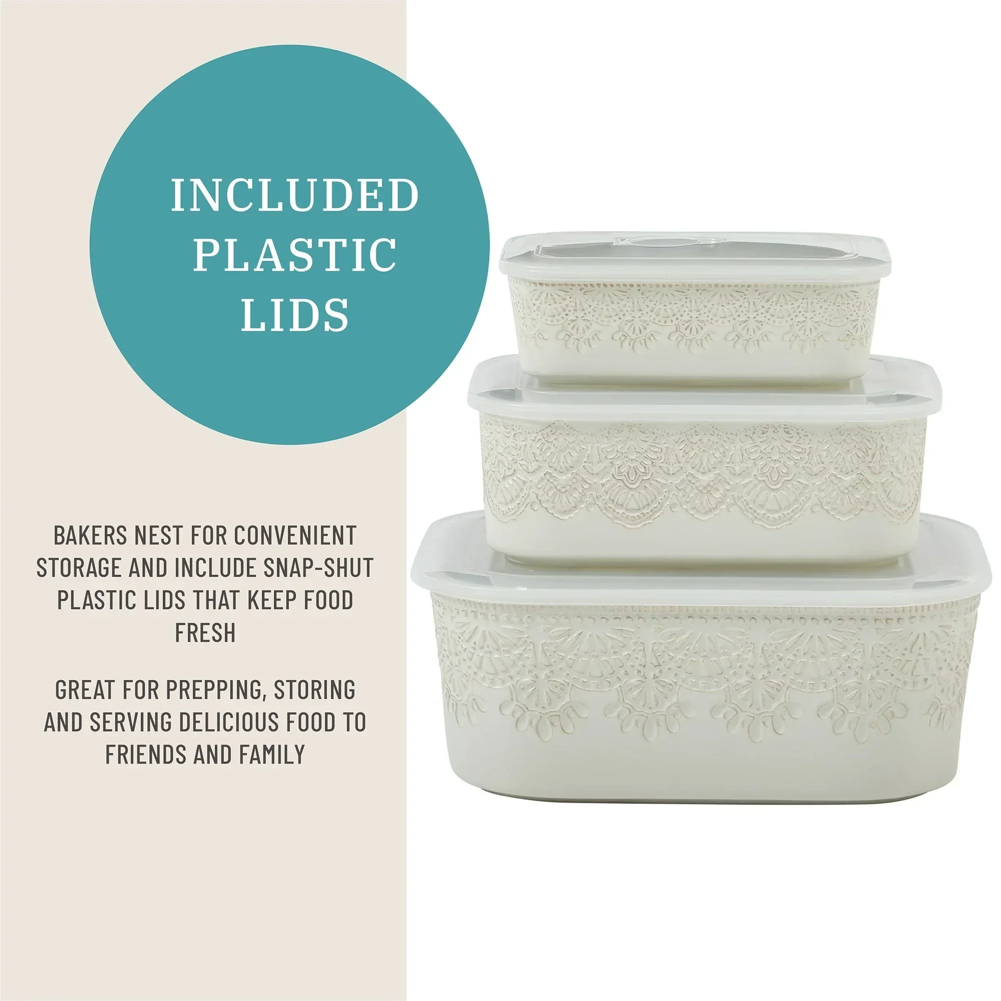The Pioneer Woman Vintage Lace 6-Piece Nesting Casserole Baking Dish Bakeware Set with Lids, Linen - Image 5