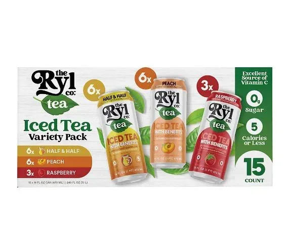 The Ryl Co. Iced Tea Variety, Half & Half Iced Tea, Peach Iced Tea, Raspberry Iced Tea, 15 pk./16 oz.