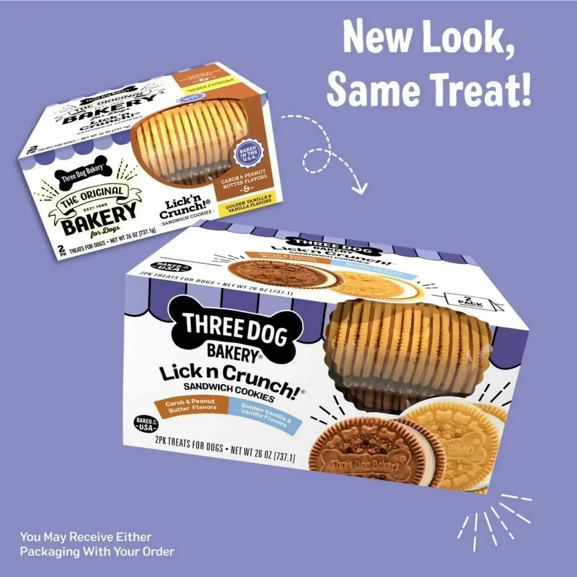 Three Dog Bakery 2-Pack Lick'n Crunch! Carob & Peanut Butter/Golden & Vanilla - Image 3