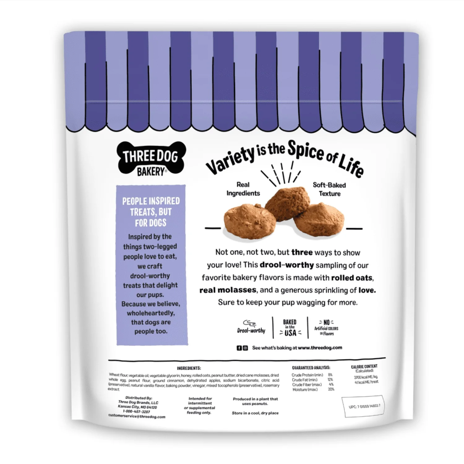 Three Dog Bakery Peanut Butter, Vanilla, Oats & Apple Flavor Soft Dog Treats, 26 oz. Bag - Image 2