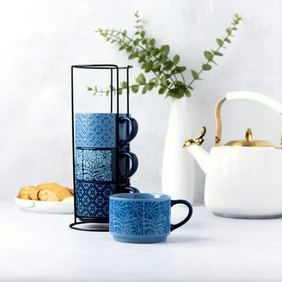 Thyme & Table 11.1 fl oz Blue Flowers and Blue Shapes Stoneware Stacking Mugs with Wire Rack, Set of 4 - Image 4