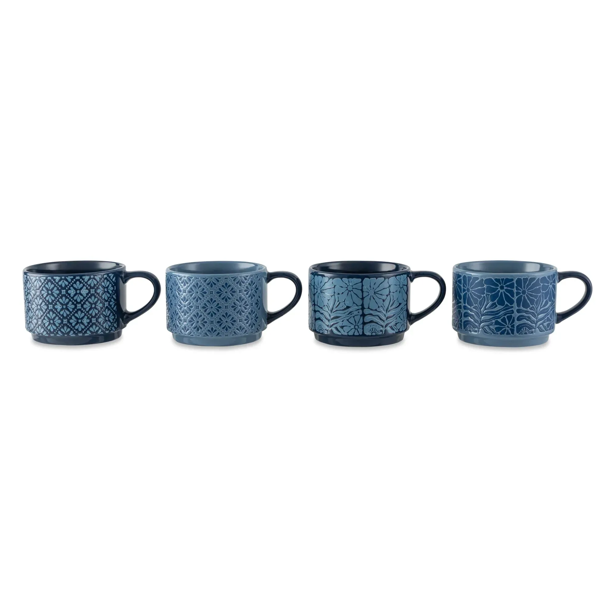 Thyme & Table 11.1 fl oz Blue Flowers and Blue Shapes Stoneware Stacking Mugs with Wire Rack, Set of 4 - Image 5