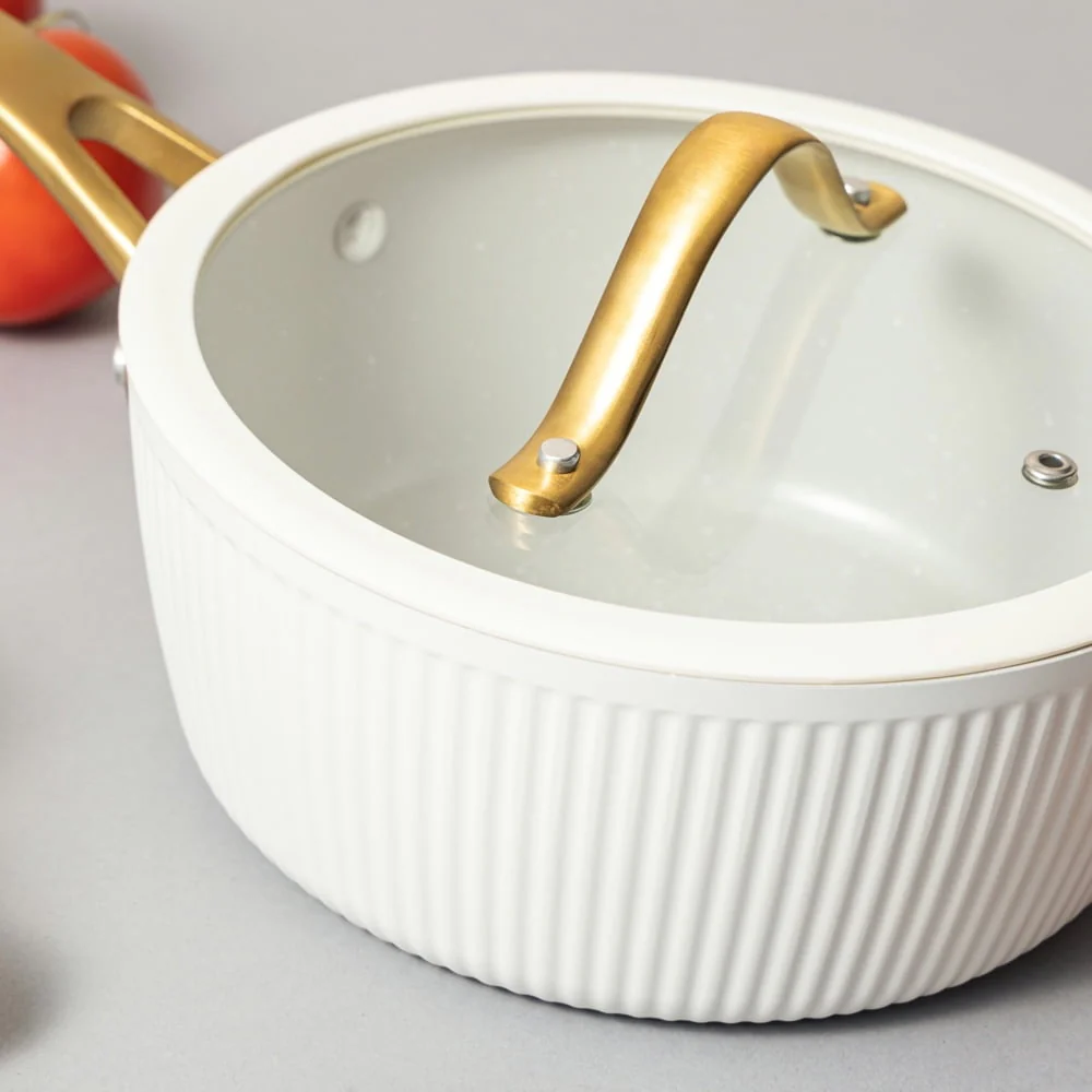 Thyme & Table 2.5 QT Non-Stick Signature Ribbed Saucepan - White & Gold - Image 2