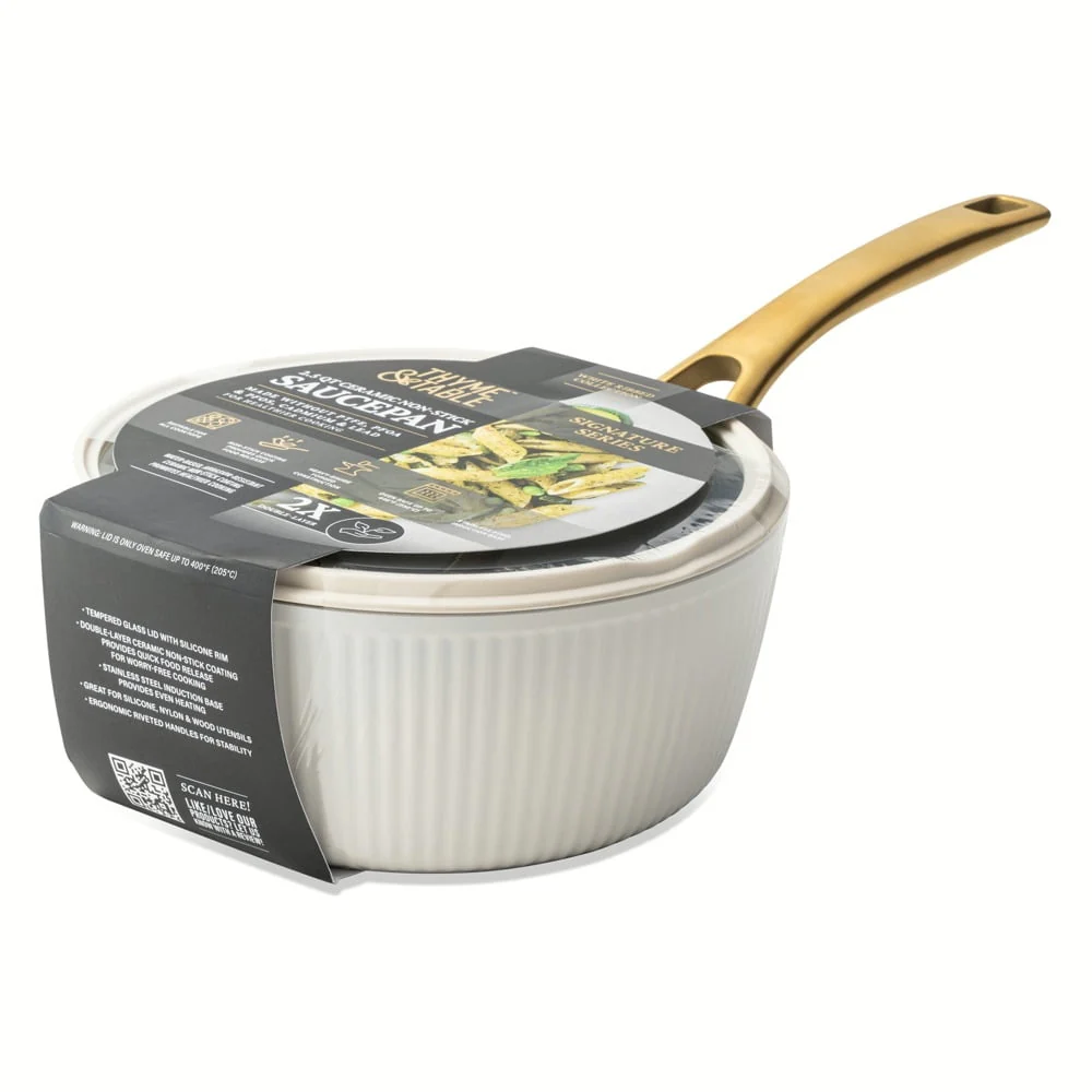 Thyme & Table 2.5 QT Non-Stick Signature Ribbed Saucepan - White & Gold - Image 3