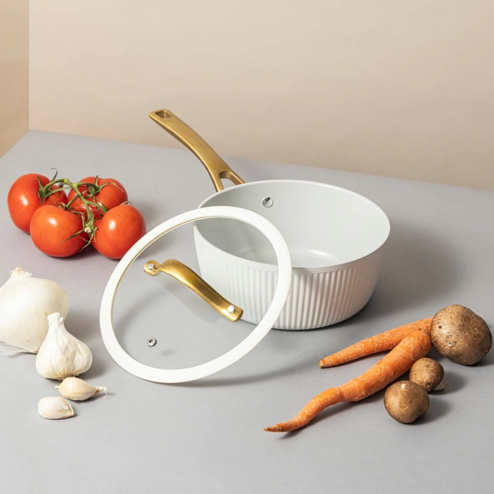 Thyme & Table 2.5 QT Non-Stick Signature Ribbed Saucepan - White & Gold - Image 5