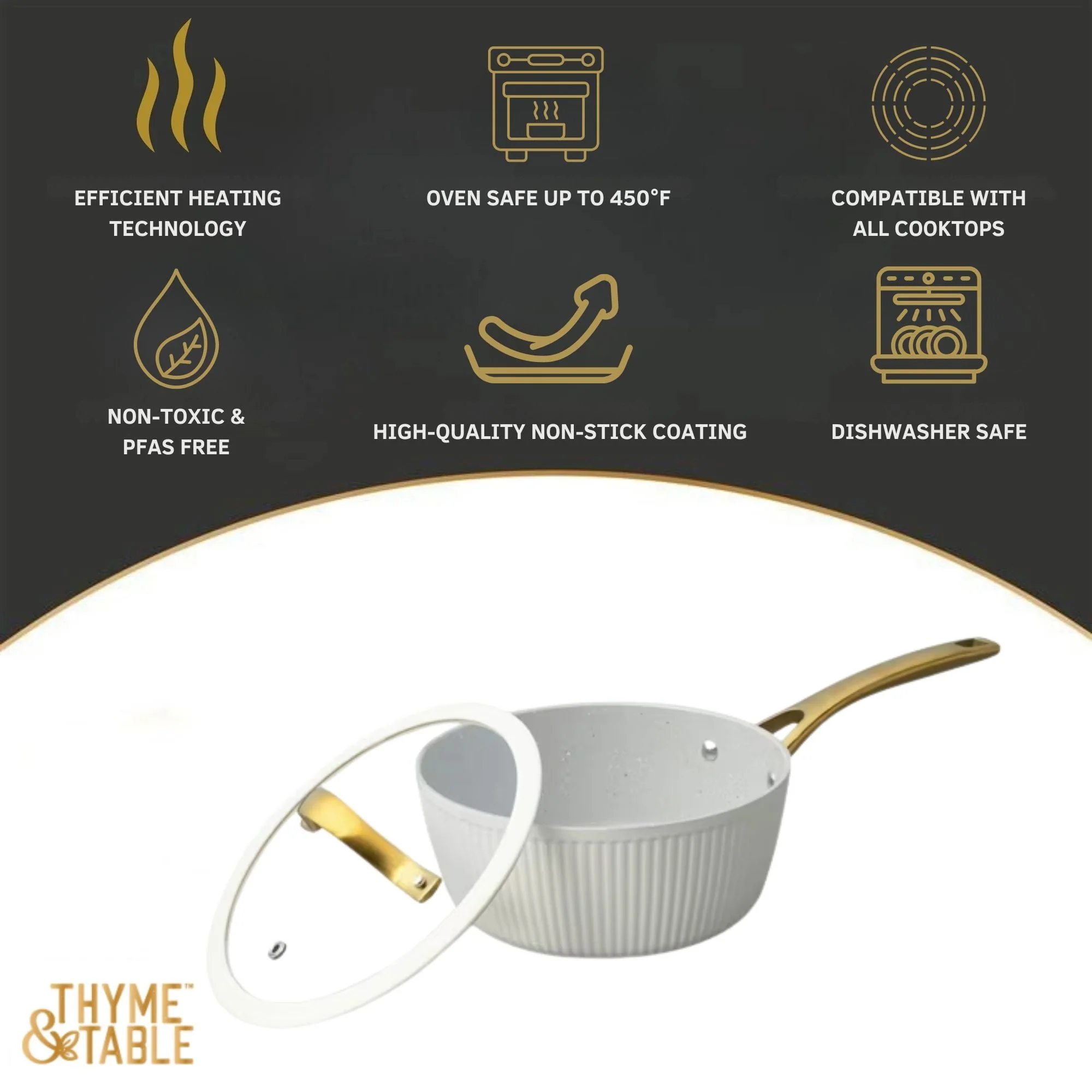Thyme & Table 2.5 QT Non-Stick Signature Ribbed Saucepan - White & Gold - Image 6
