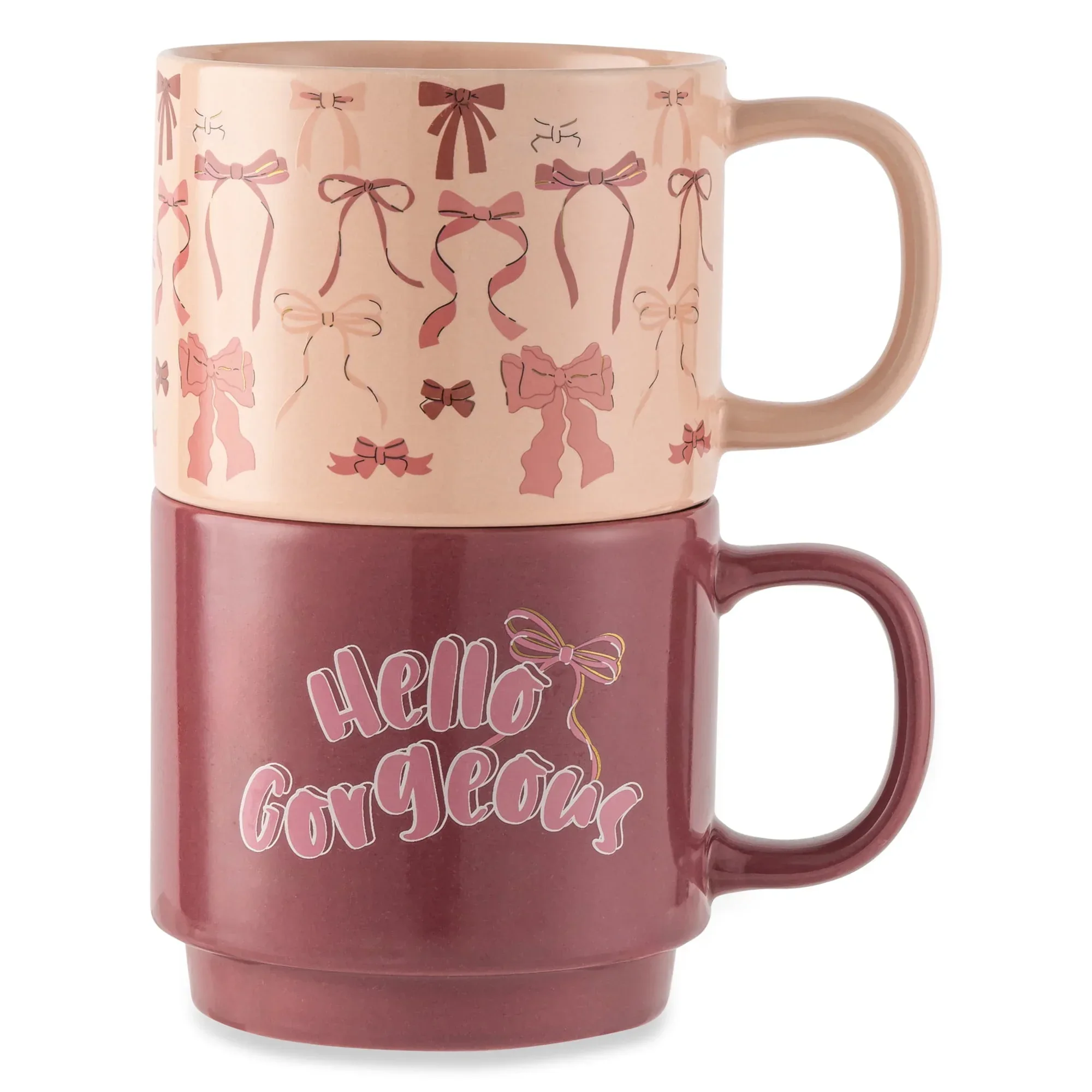 Thyme & Table 2 Pack Stacking Hello Gorgeous and Pink Bows Mugs 14.2 fl oz, Stoneware