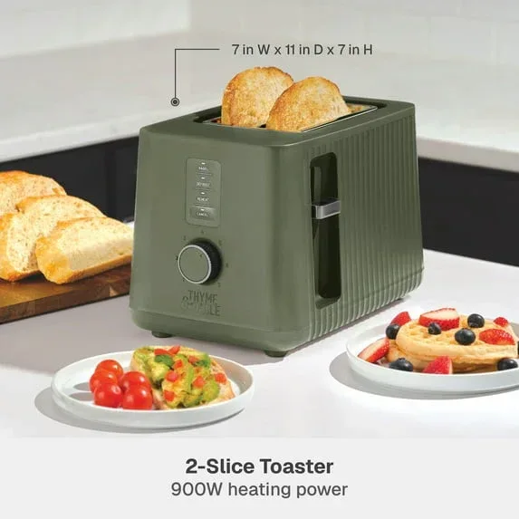 Thyme & Table 2-Slice Toaster, Extra-Wide Slots with Removable Crumb Tray, Dusty Moss - Image 5