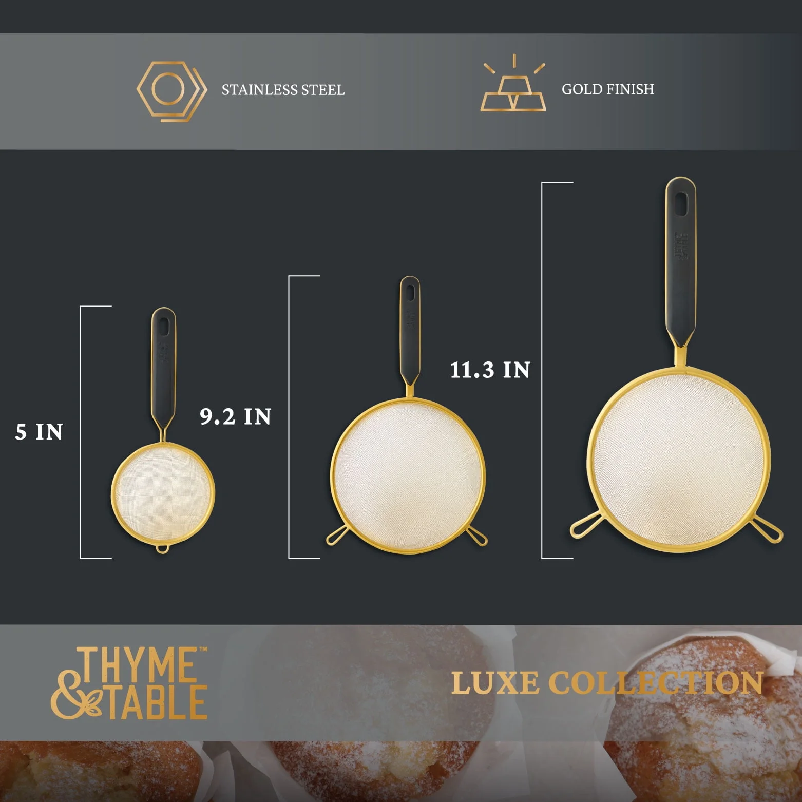 Thyme & Table 3-Piece Fine Mesh Gold Strainer Set - Image 5