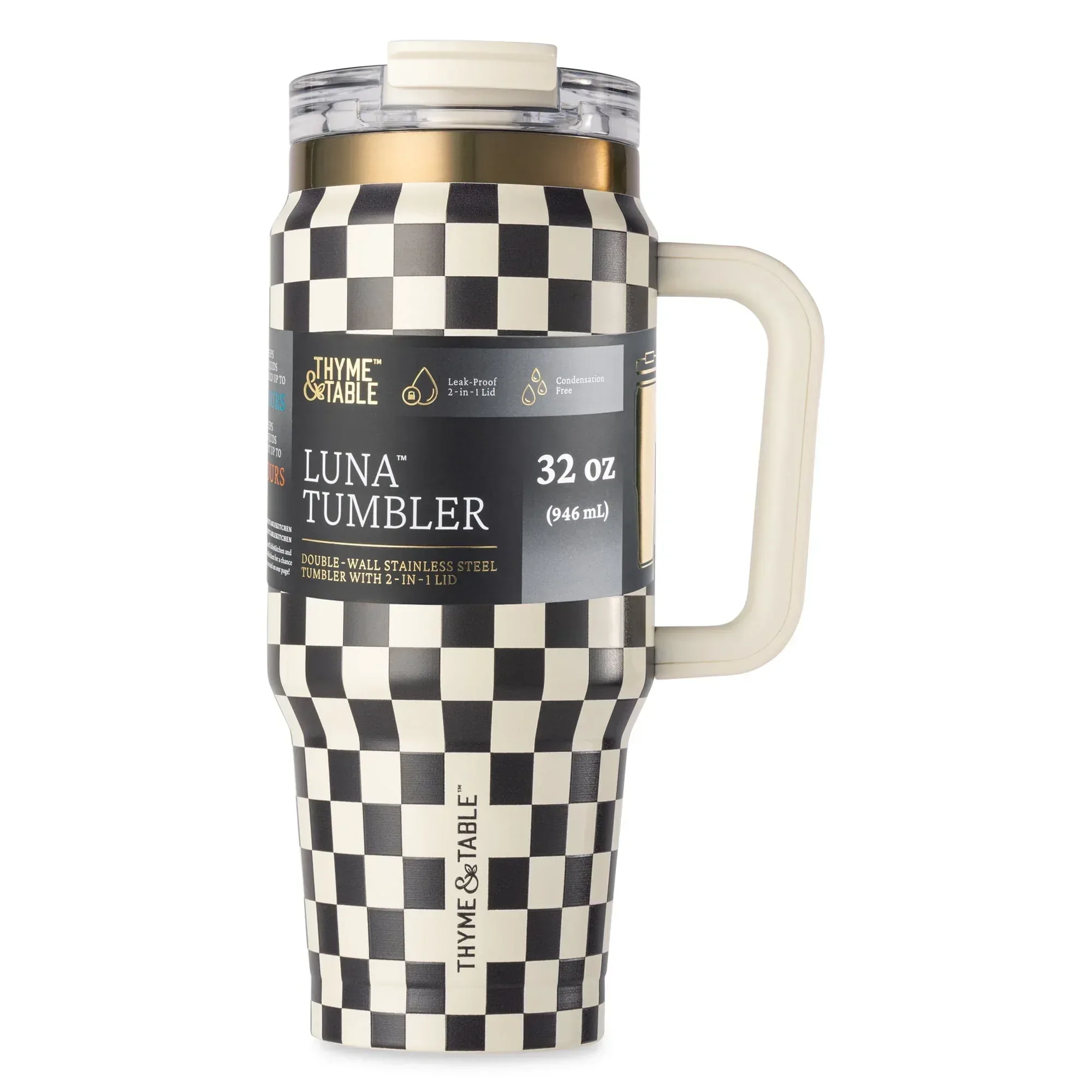 Thyme & Table 32 fl oz Stainless Steel Luna Tumbler with Handle and Dual Straw Lid, Cream & Black Check - Image 2
