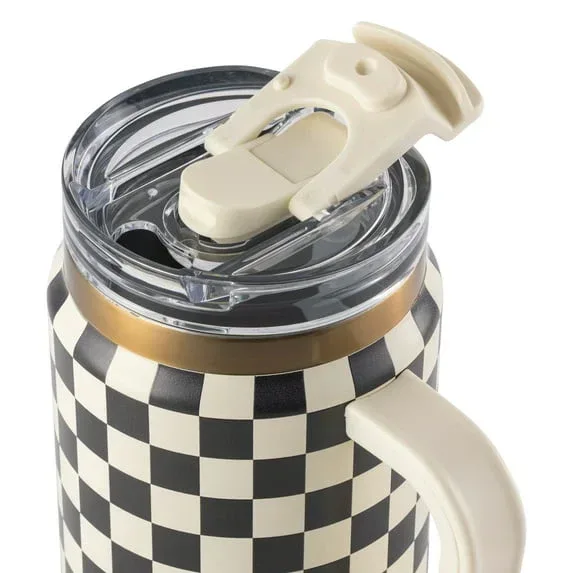 Thyme & Table 32 fl oz Stainless Steel Luna Tumbler with Handle and Dual Straw Lid, Cream & Black Check - Image 3