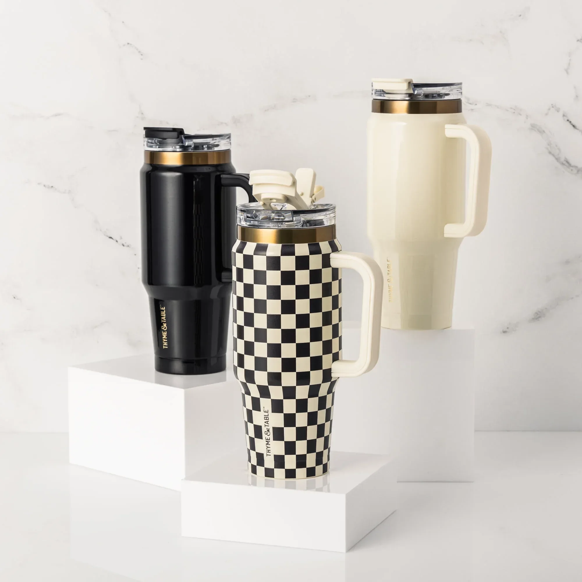 Thyme & Table 32 fl oz Stainless Steel Luna Tumbler with Handle and Dual Straw Lid, Cream & Black Check - Image 5