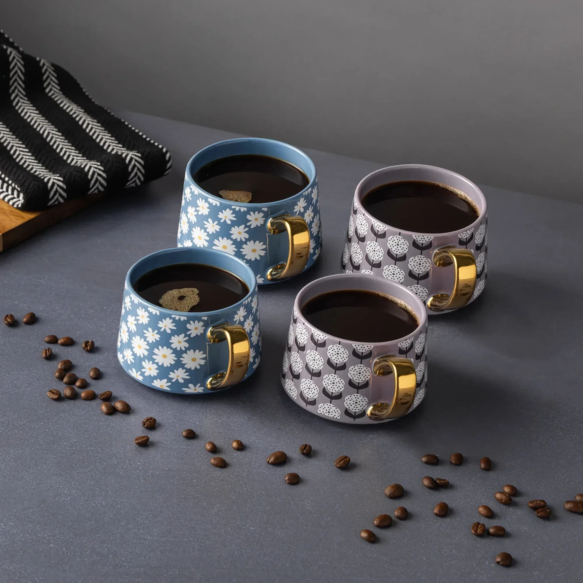 Thyme & Table 4 Pack Blue and Purple Daisy Print Teacup Mugs with Gold Handles 11.8 fl oz, Stoneware - Image 2