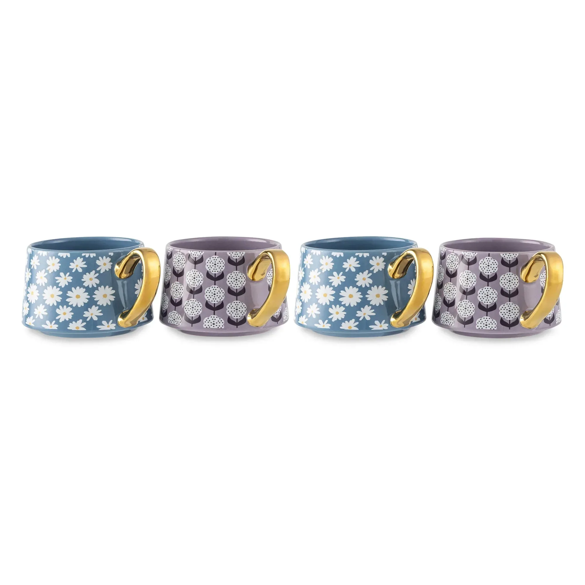 Thyme & Table 4 Pack Blue and Purple Daisy Print Teacup Mugs with Gold Handles 11.8 fl oz, Stoneware - Image 3