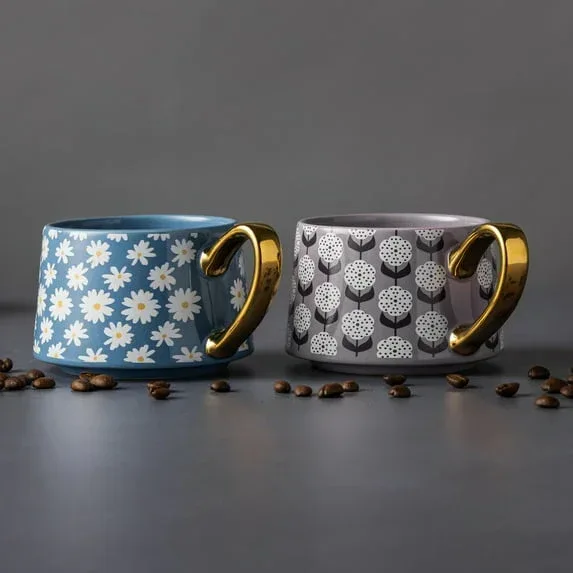 Thyme & Table 4 Pack Blue and Purple Daisy Print Teacup Mugs with Gold Handles 11.8 fl oz, Stoneware - Image 4