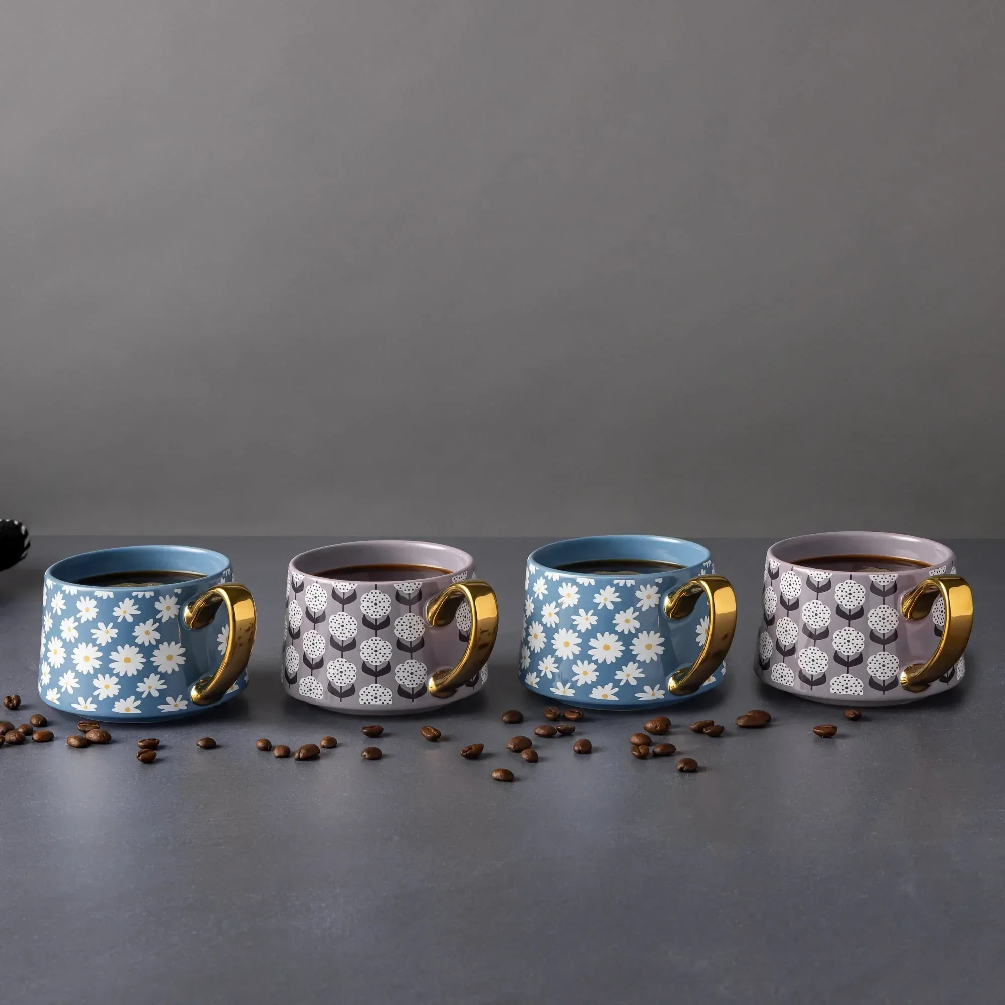 Thyme & Table 4 Pack Blue and Purple Daisy Print Teacup Mugs with Gold Handles 11.8 fl oz, Stoneware - Image 5