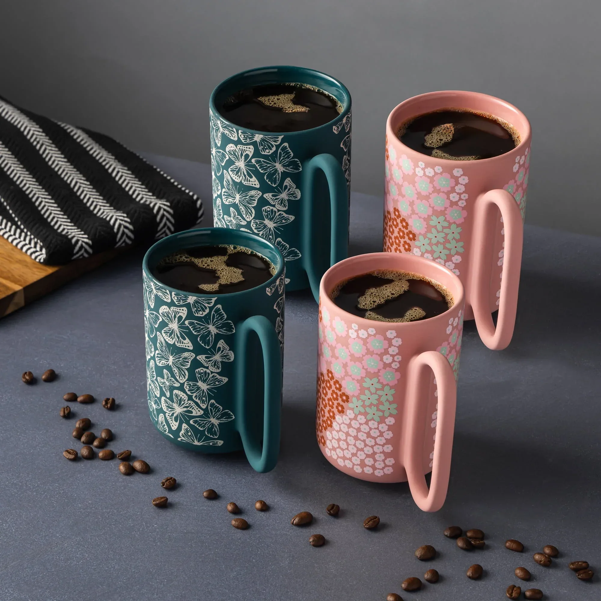 Thyme & Table 4 Pack Green Butterflies and Pink Flowers Mugs 19.6 fl oz, Soft Touch, Stoneware - Image 3