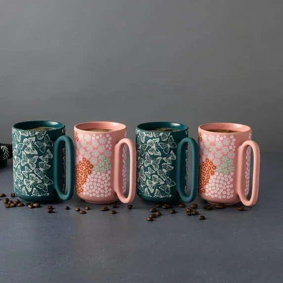 Thyme & Table 4 Pack Green Butterflies and Pink Flowers Mugs 19.6 fl oz, Soft Touch, Stoneware - Image 4