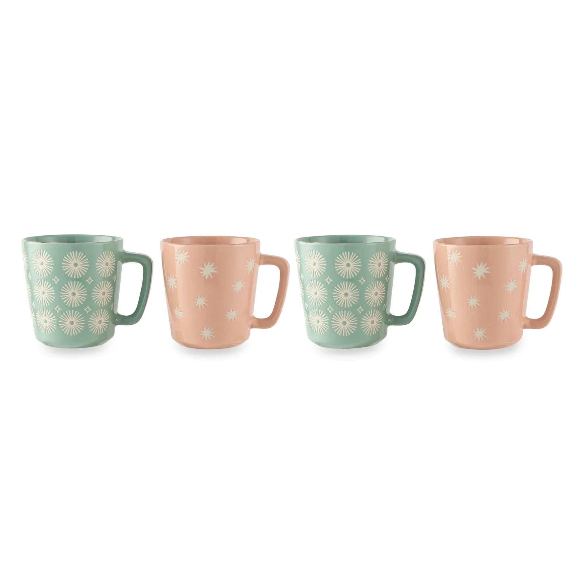 Thyme & Table 4 Pack Green SunBurts and Pink Toss Stars Mugs with Gold Rims 19.9 fl oz, Stoneware