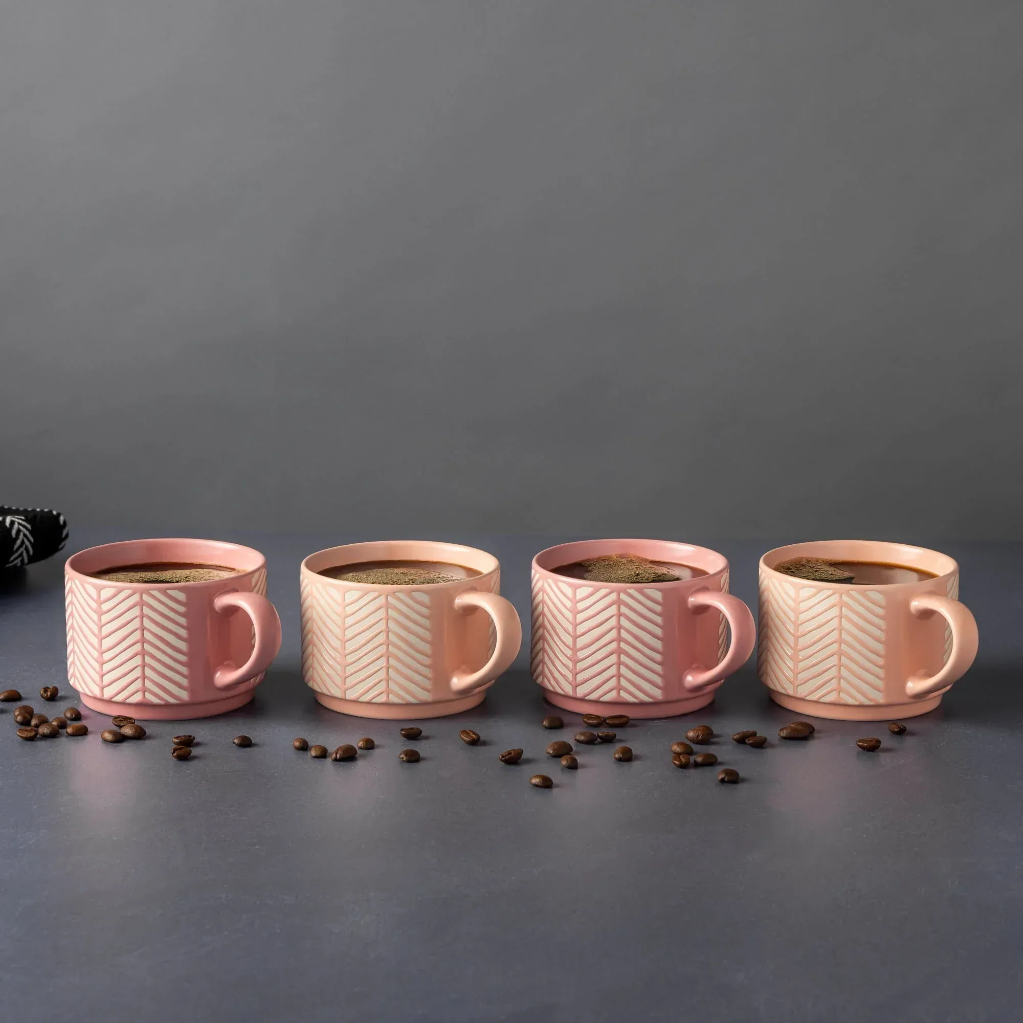 Thyme & Table 4 Pack Stacking Mugs, Pink and White Lines 11.1 fl oz, Stoneware - Image 3
