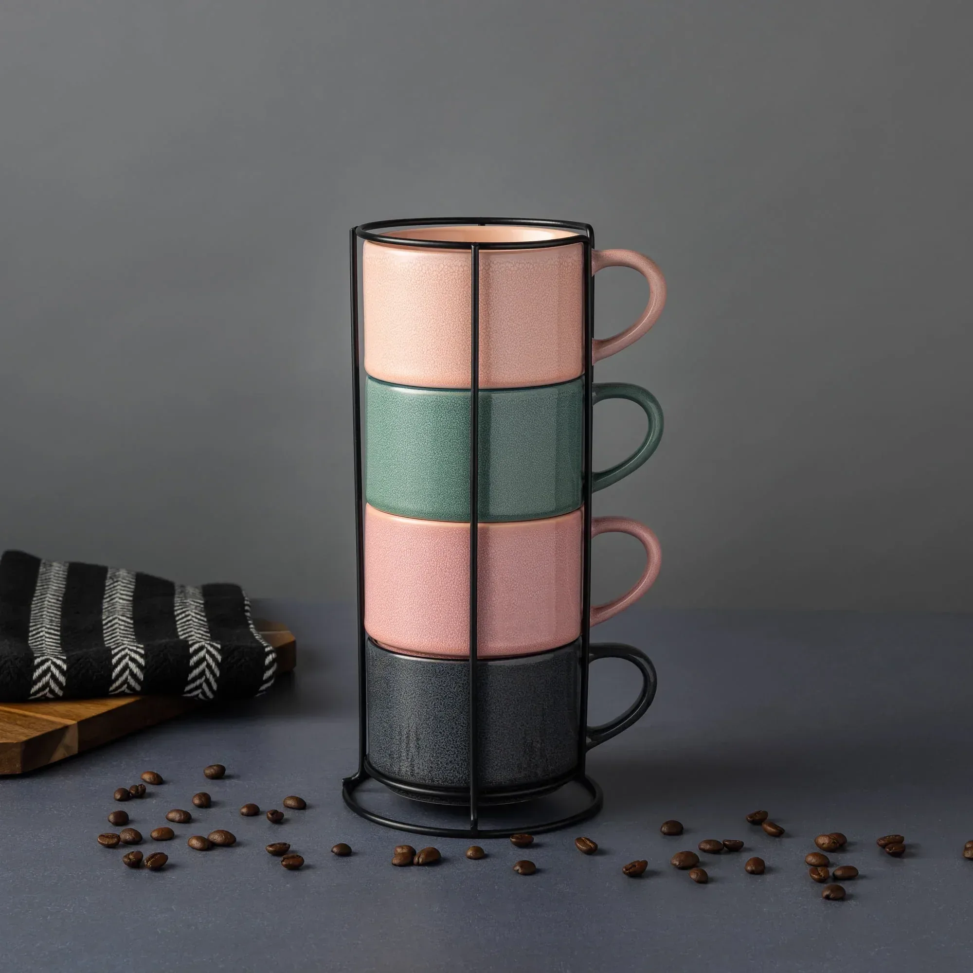 Thyme & Table 4 Pack Stacking Mugs, Reactive Mix of Colors 11.1 fl oz, Stoneware - Image 4