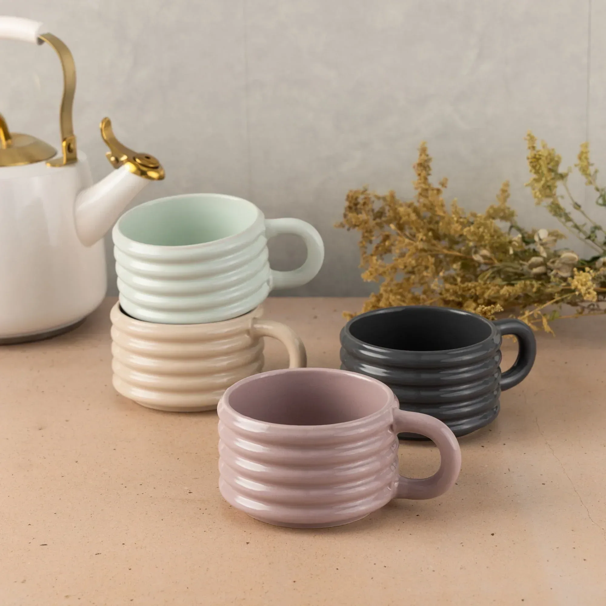 Thyme & Table 4-piece Ceramic Ribbed Stackable Mug Set with Rack, 12 fl oz - Image 4