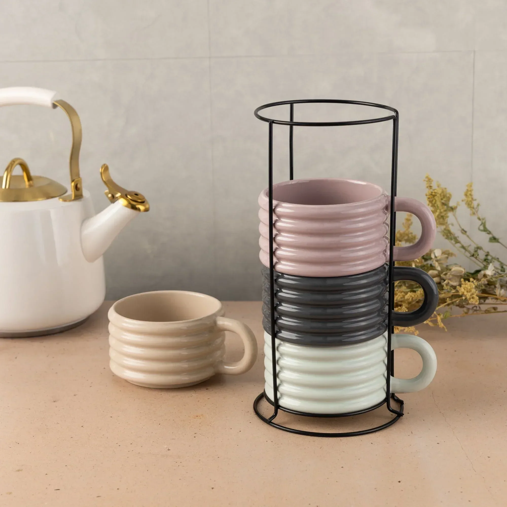 Thyme & Table 4-piece Ceramic Ribbed Stackable Mug Set with Rack, 12 fl oz - Image 5
