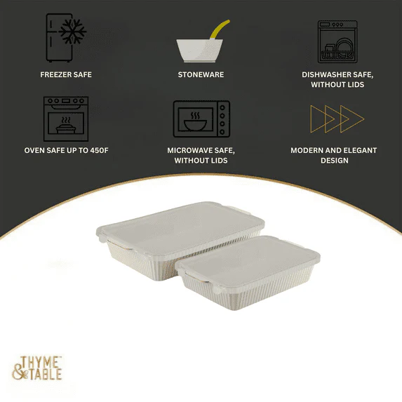 Thyme & Table 4-Piece Stoneware Casserole Dish Bakeware Set, Includes Lids, 9"x13" , 7"x10" Bakers With Lids , White Ribbed - Image 3