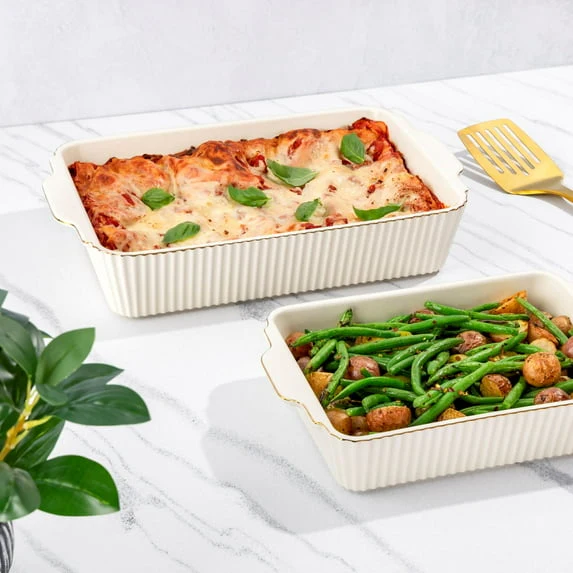 Thyme & Table 4-Piece Stoneware Casserole Dish Bakeware Set, Includes Lids, 9"x13" , 7"x10" Bakers With Lids , White Ribbed - Image 5