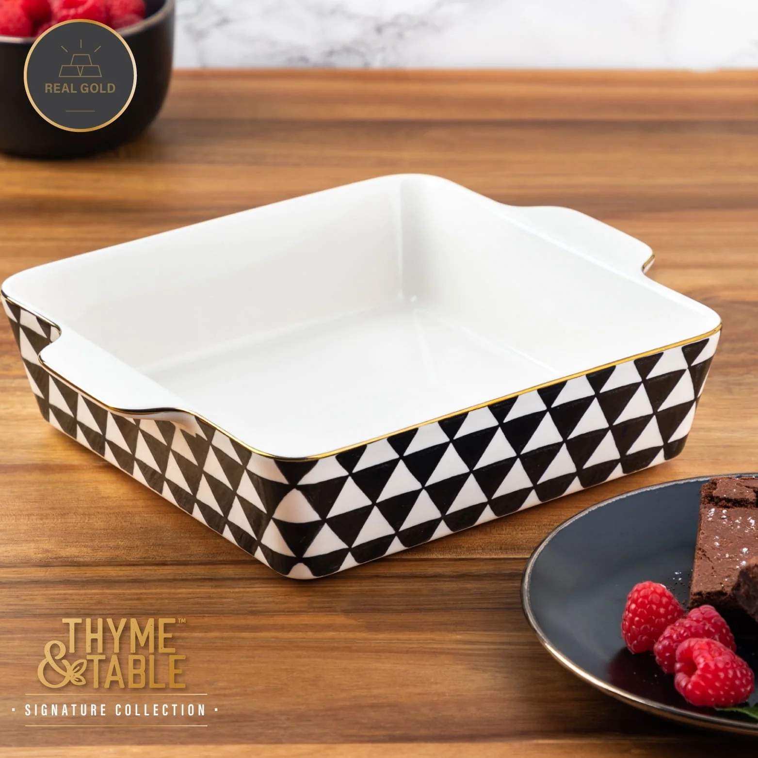 Thyme & Table 8" Square Ceramic Baker - Black & White Medallion - Image 2