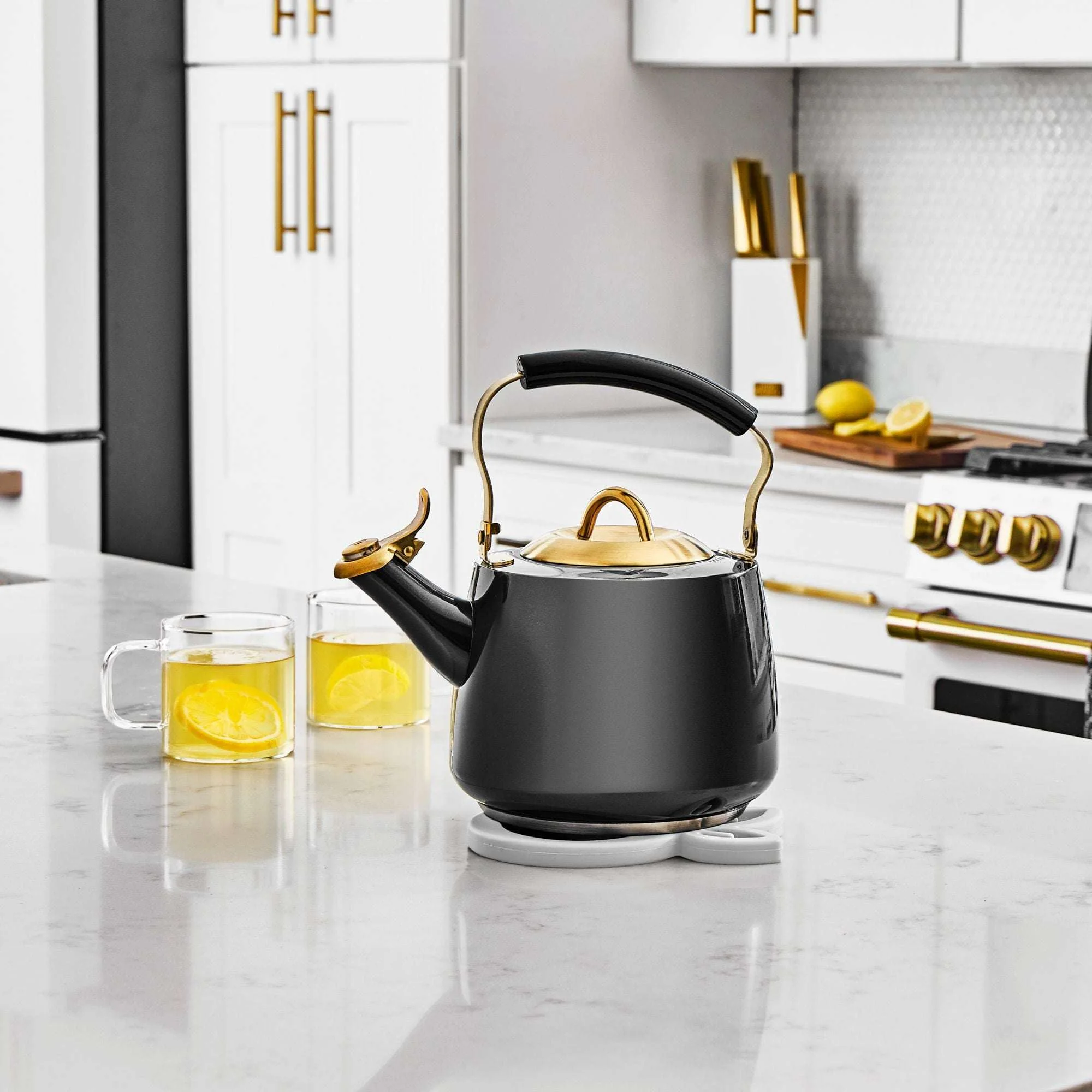 Thyme & Table Stainless Steel 1.8L Stovetop Tea Kettle - Black & Gold - Image 4