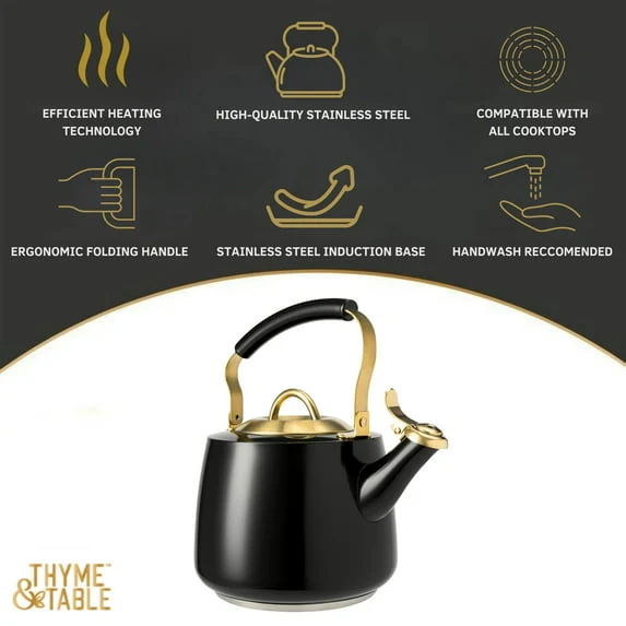 Thyme & Table Stainless Steel 1.8L Stovetop Tea Kettle - Black & Gold - Image 5