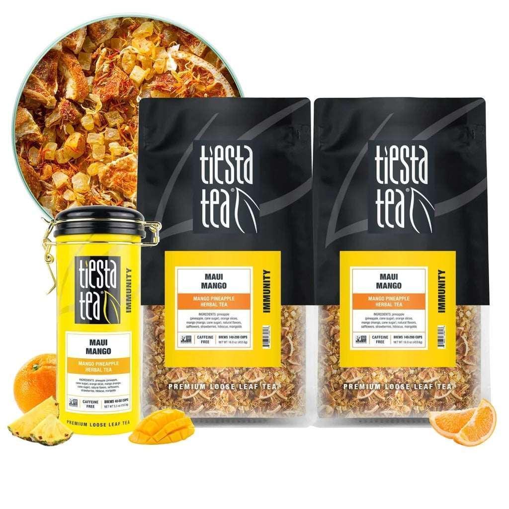 Tiesta Tea Maui Mango Herbal Loose Leaf Tea Bundle, Two 1 lb. Bags & 5.5 oz Tin