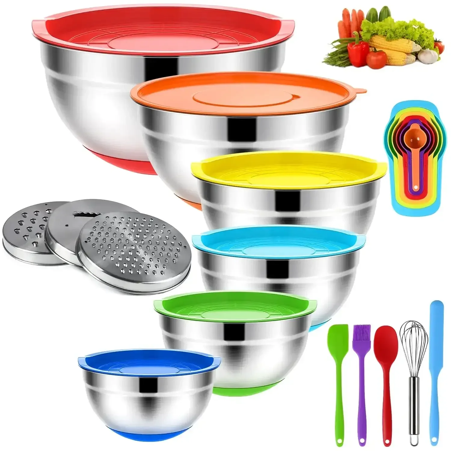 TINANA 26PCS Stainless Steel Mixing Bowls with Lids Set, Nesting Mixing Bowl Set with Non-Slip Bottom Graters Tools Gadgets, 7/4/3.5/2.5/2/1.5QT Metal Salad Bowls for Serving Prepping Baking
