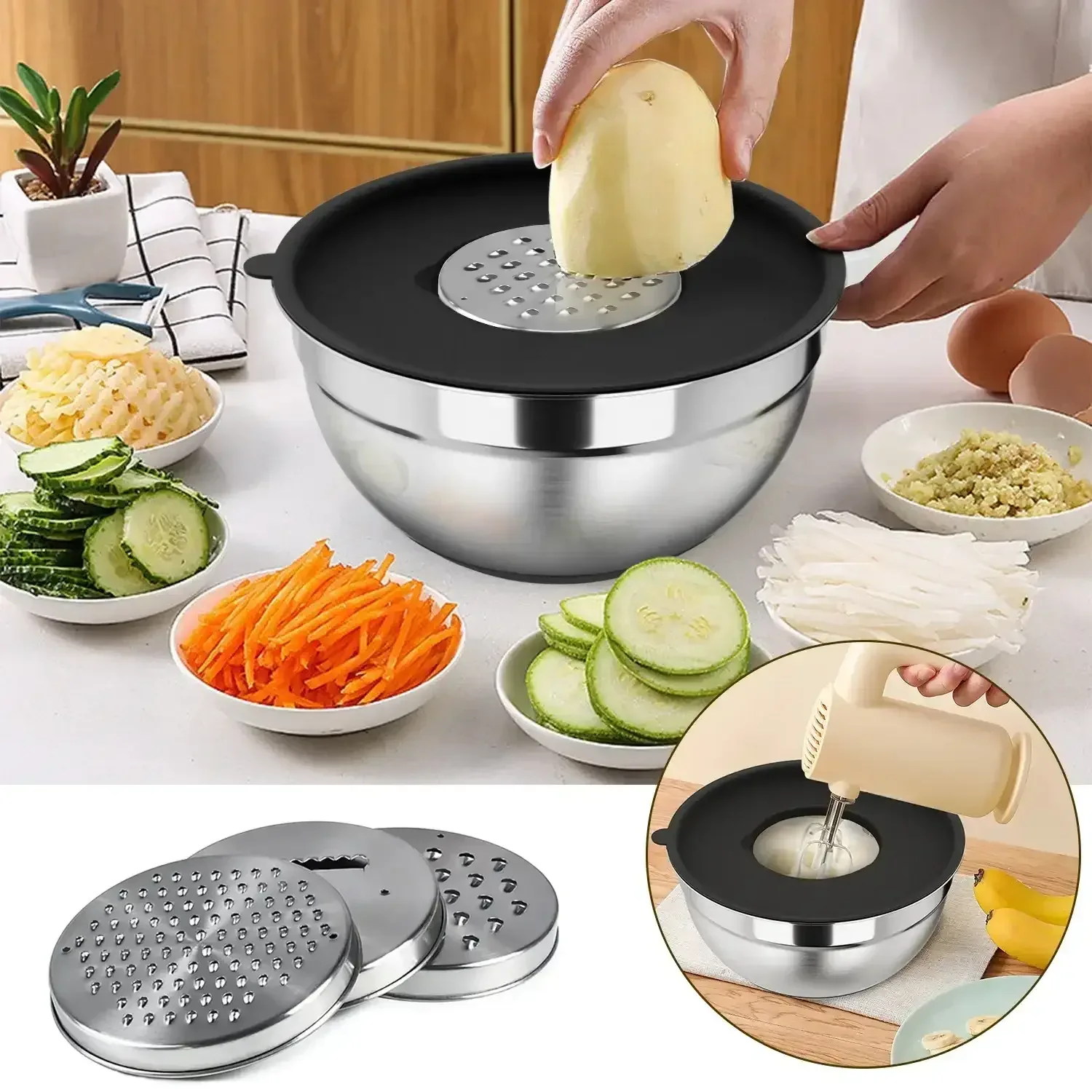 TINANA 26PCS Stainless Steel Mixing Bowls with Lids Set, Nesting Mixing Bowl Set with Non-Slip Bottom Graters Tools Gadgets, 7/4/3.5/2.5/2/1.5QT Metal Salad Bowls for Serving Prepping Baking - Image 15