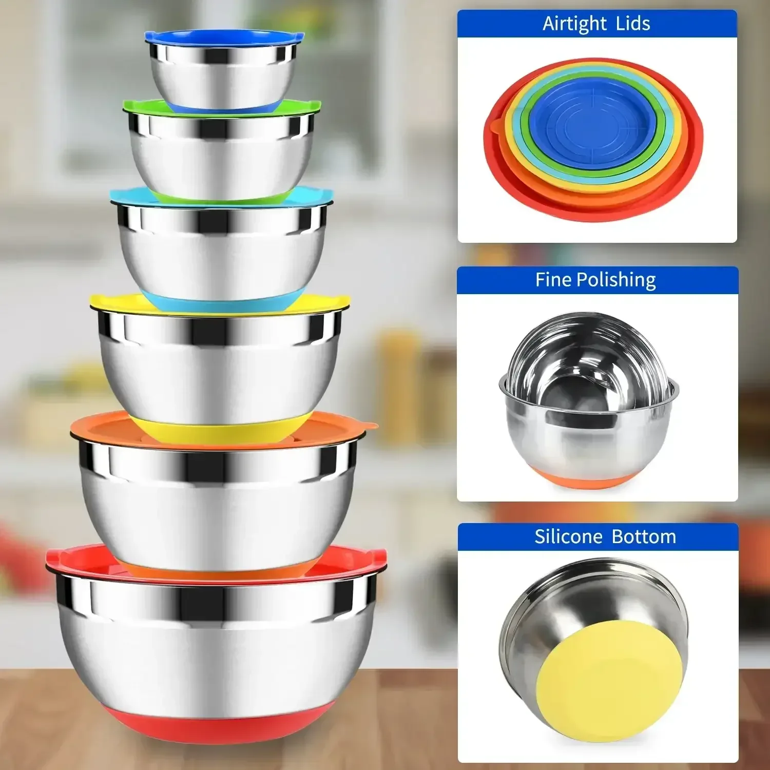 TINANA 26PCS Stainless Steel Mixing Bowls with Lids Set, Nesting Mixing Bowl Set with Non-Slip Bottom Graters Tools Gadgets, 7/4/3.5/2.5/2/1.5QT Metal Salad Bowls for Serving Prepping Baking - Image 3