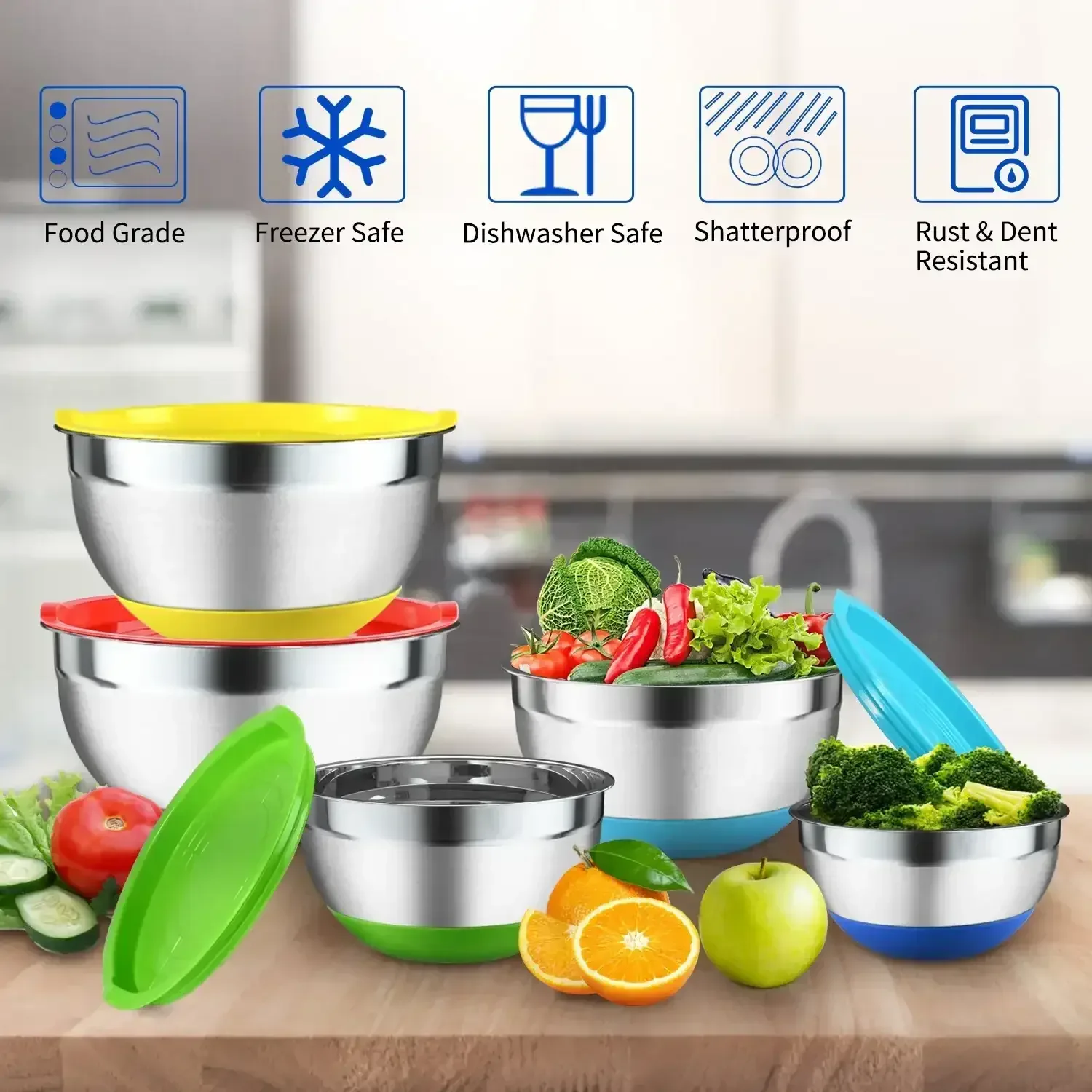 TINANA 26PCS Stainless Steel Mixing Bowls with Lids Set, Nesting Mixing Bowl Set with Non-Slip Bottom Graters Tools Gadgets, 7/4/3.5/2.5/2/1.5QT Metal Salad Bowls for Serving Prepping Baking - Image 4