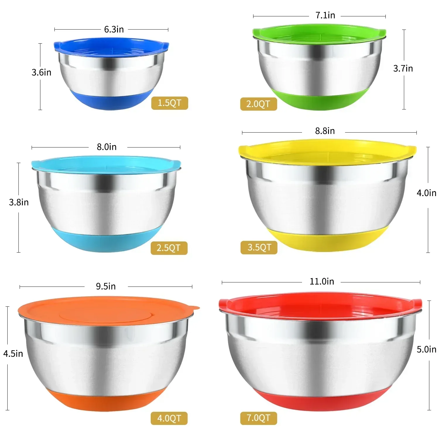 TINANA 26PCS Stainless Steel Mixing Bowls with Lids Set, Nesting Mixing Bowl Set with Non-Slip Bottom Graters Tools Gadgets, 7/4/3.5/2.5/2/1.5QT Metal Salad Bowls for Serving Prepping Baking - Image 5