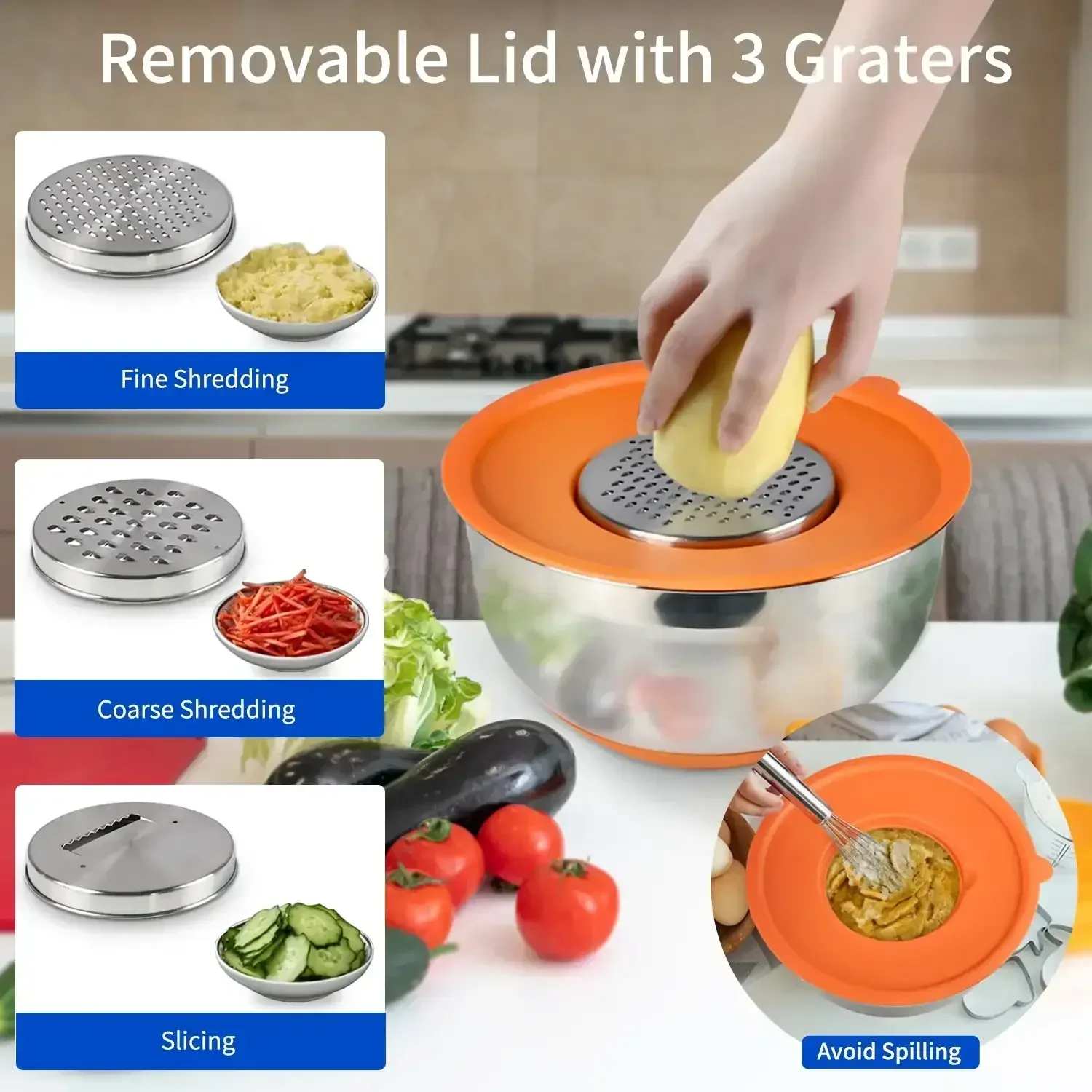 TINANA 26PCS Stainless Steel Mixing Bowls with Lids Set, Nesting Mixing Bowl Set with Non-Slip Bottom Graters Tools Gadgets, 7/4/3.5/2.5/2/1.5QT Metal Salad Bowls for Serving Prepping Baking - Image 6