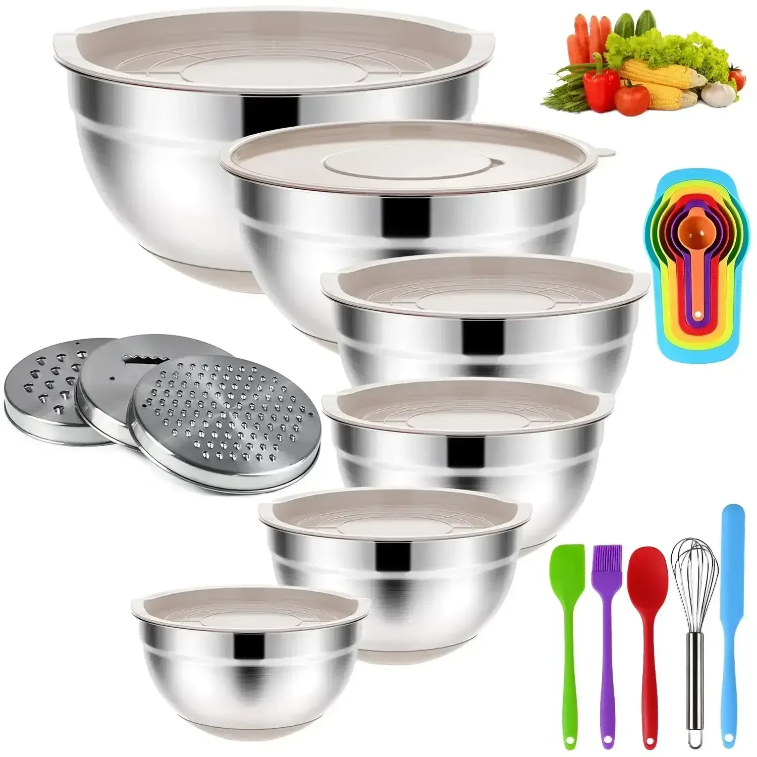 TINANA 26PCS Stainless Steel Mixing Bowls with Lids Set, Nesting Mixing Bowl Set with Non-Slip Bottom Graters Tools Gadgets, 7/4/3.5/2.5/2/1.5QT Metal Salad Bowls for Serving Prepping Baking - Image 7