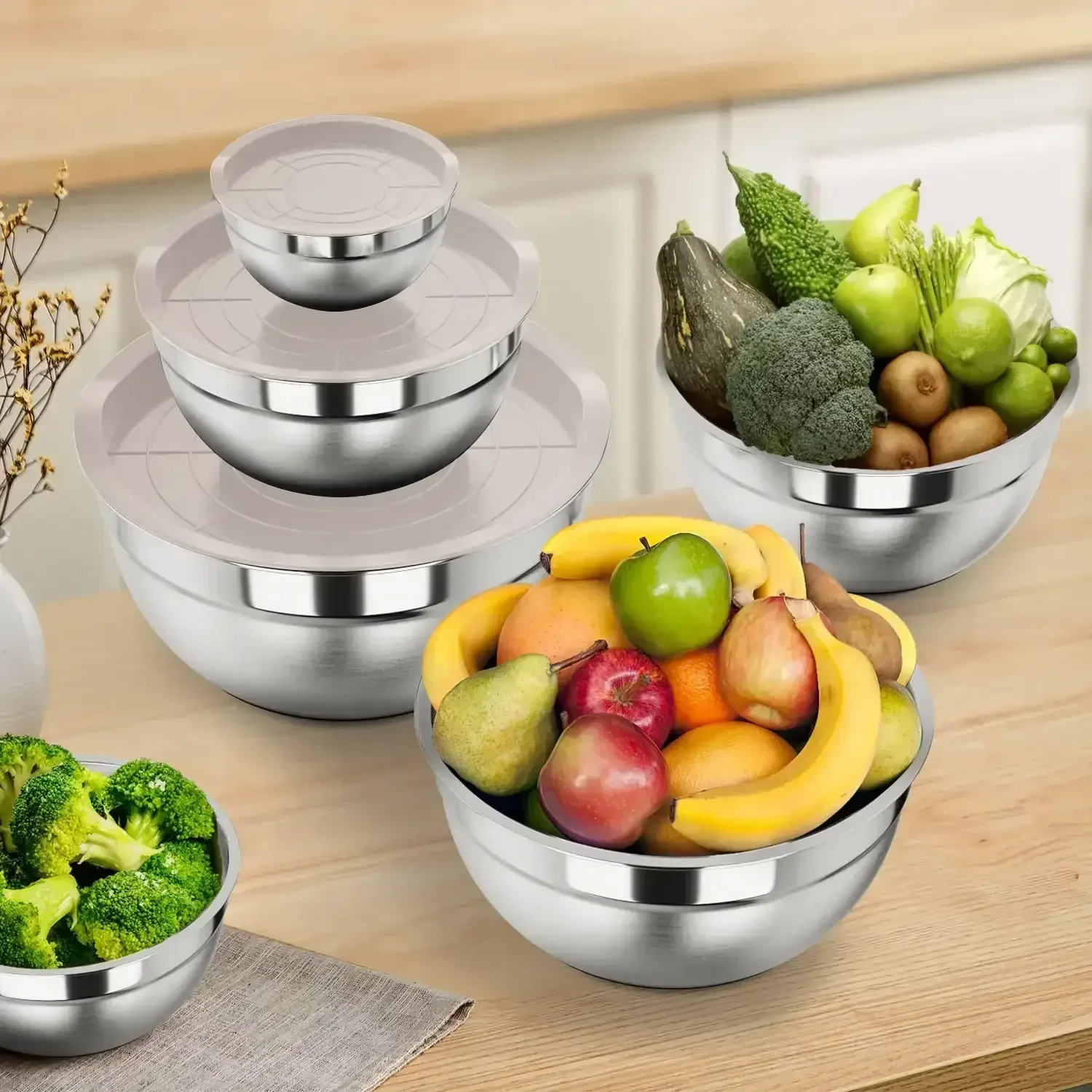 TINANA 26PCS Stainless Steel Mixing Bowls with Lids Set, Nesting Mixing Bowl Set with Non-Slip Bottom Graters Tools Gadgets, 7/4/3.5/2.5/2/1.5QT Metal Salad Bowls for Serving Prepping Baking - Image 8