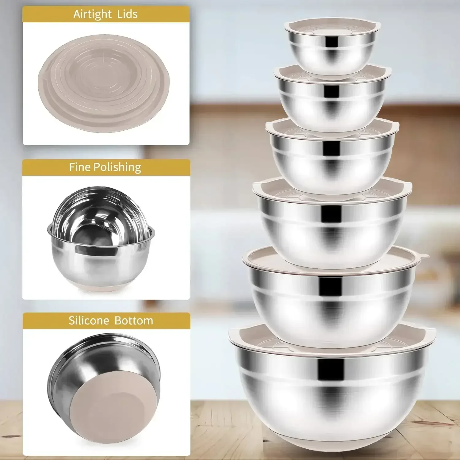 TINANA 26PCS Stainless Steel Mixing Bowls with Lids Set, Nesting Mixing Bowl Set with Non-Slip Bottom Graters Tools Gadgets, 7/4/3.5/2.5/2/1.5QT Metal Salad Bowls for Serving Prepping Baking - Image 9