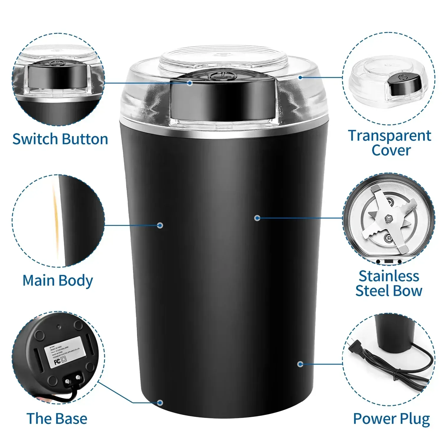 TINANA Electric Coffee Grinder 200W, One-Touch Coffee Bean and Spice Grinder with Cleaning Brush, 2.8oz Capacity, Stainless Steel Blade, Black - Image 3